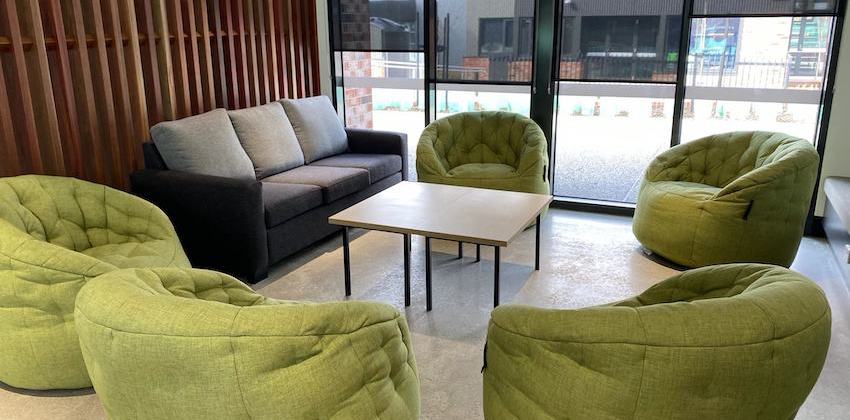 Lime Green student accommodation bean bags breakout space Deakin university Australia ambient lounge