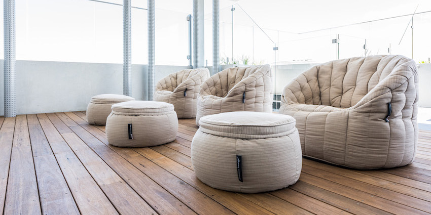Co-living development in Hawthorn, Victoria and aspiration outdoor/indoor space with ambient lounge butterfly sofas