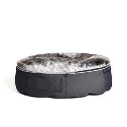 small cat bed with wild animal print faux fur cover made by ambient lounge australia with cute cat melbourne